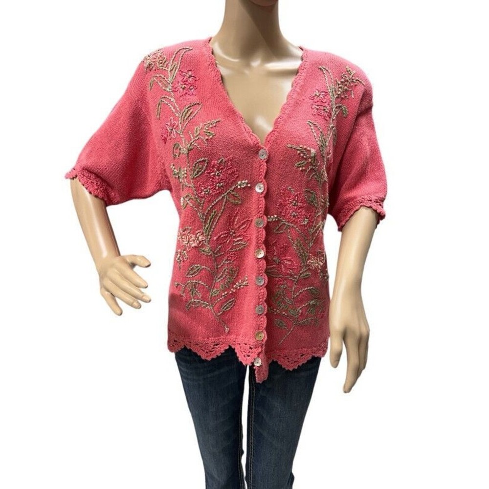 Vintage Lucia Pink Embroidered Floral Roses Short Sleeve Spring Cardigan Sweater